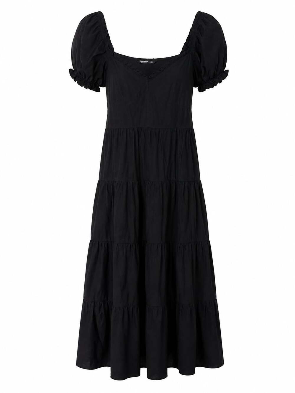 Stradivarius Black Tiered Puff-Sleeve Maxi Dress